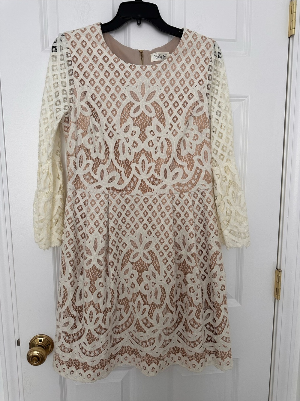 Champagne Gold and Cream Lace and Satin Dress w/Bell 3/4 Sleeves, Lined, Size 10
